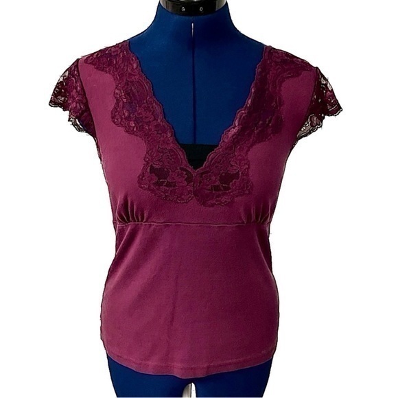 Plum Lace - Flutter Sleeves -V-neck Short Sleeve Top - Picture 1 of 3
